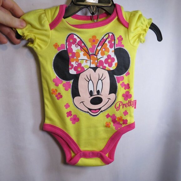 Baby Disney Minnie Mouse Bodysuit 3-6Mo glittered pink & yellow floral - Picture 1 of 8